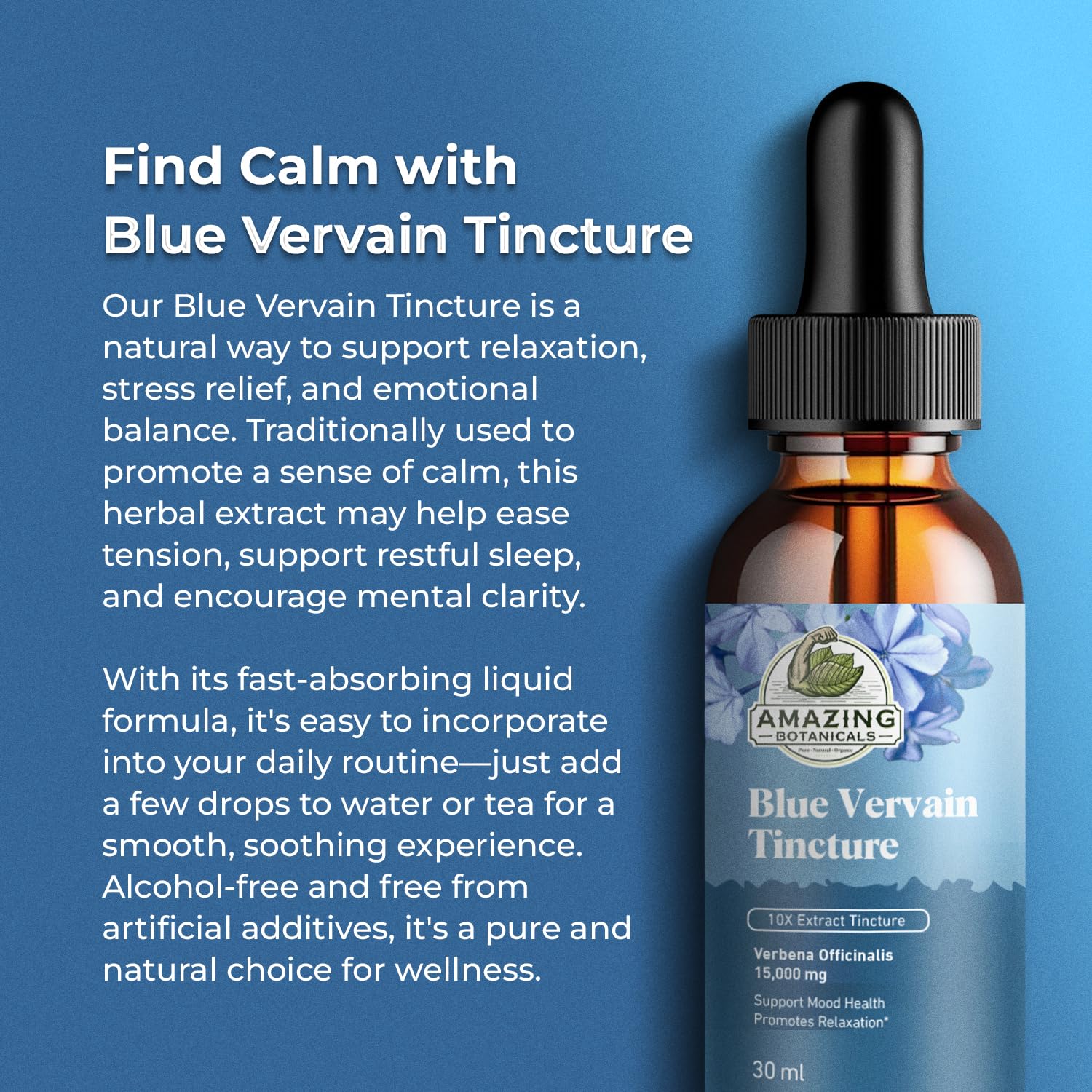 Amazing Botanicals Blue Vervain tincture label highlights purity and potency for mindful use.