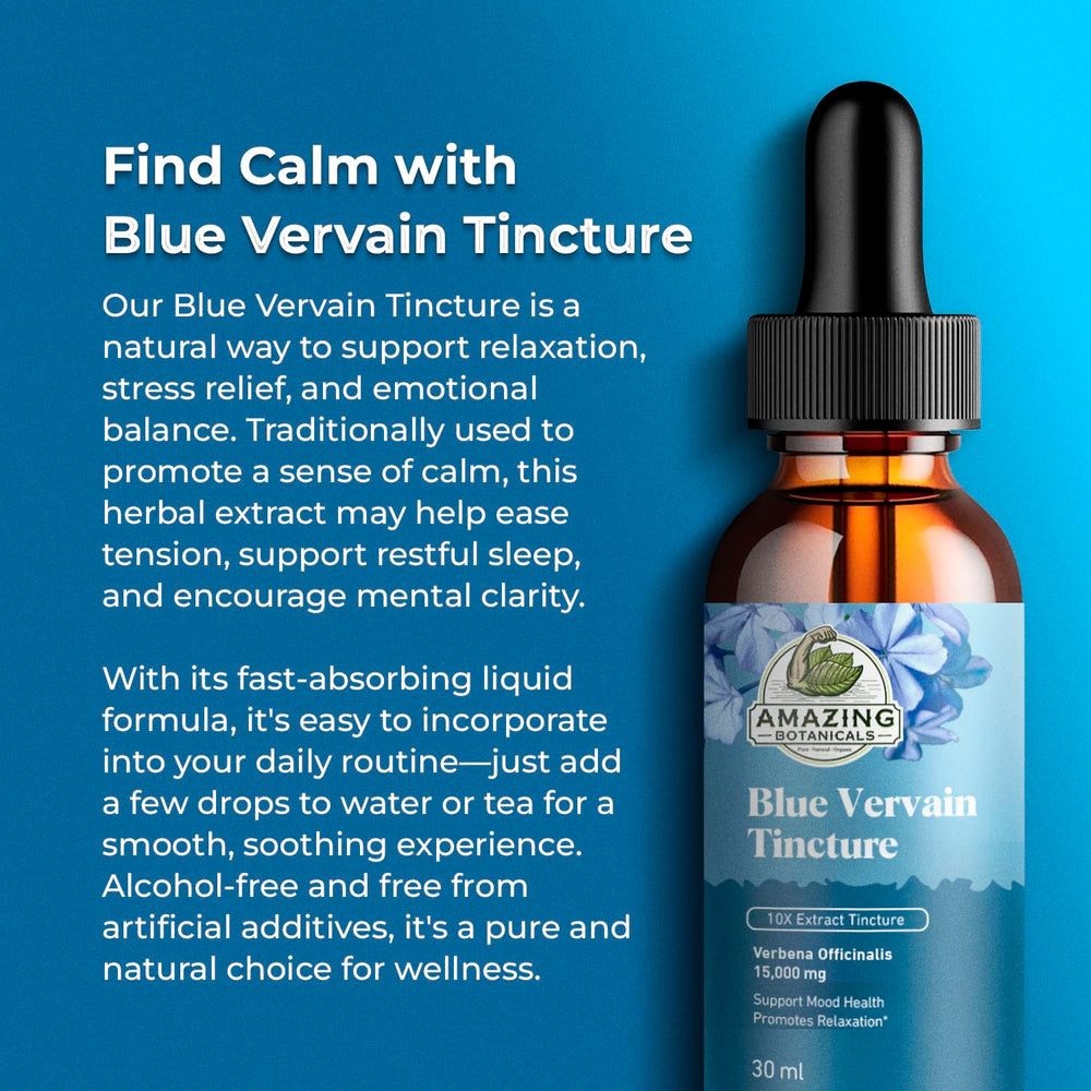 Amazing Botanicals Blue Vervain tincture label highlights purity and potency for mindful use.