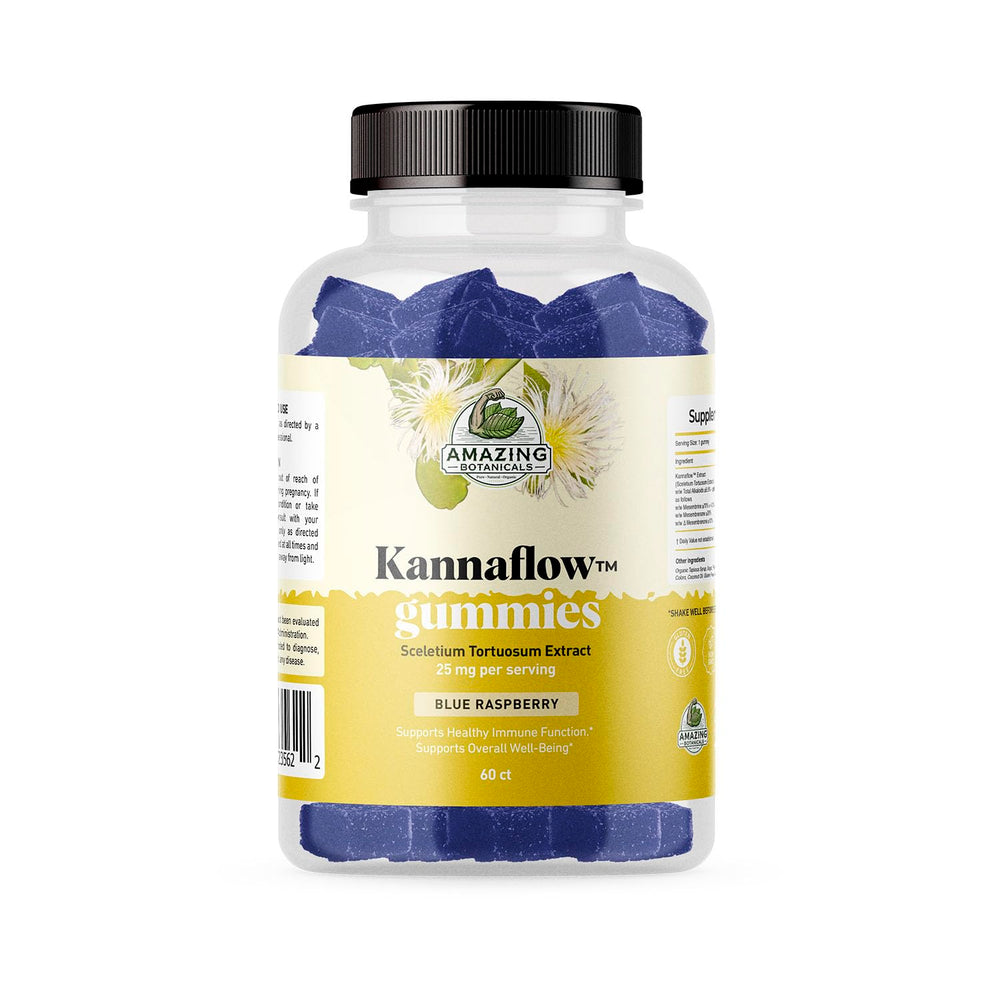 Amazing Botanicals Kannaflow mood gummies bottle shows blue raspberry flavor for daily mood support.