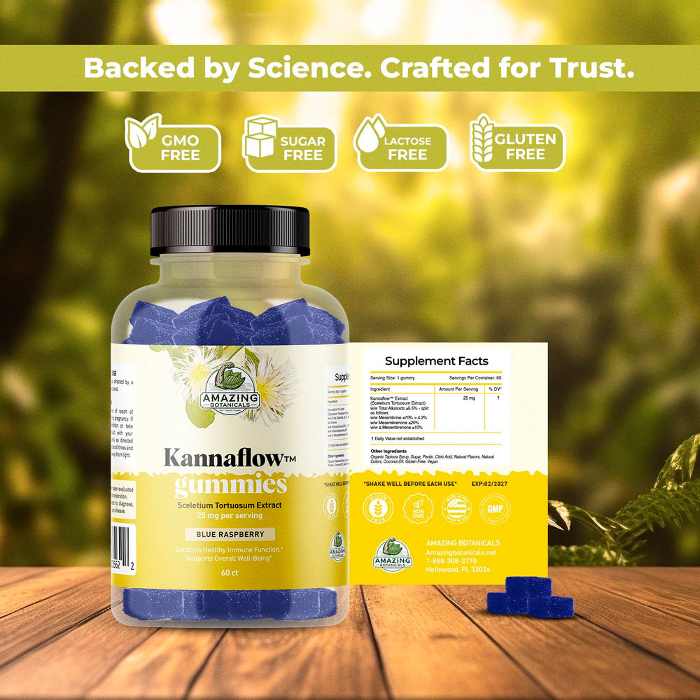 Amazing Botanicals Kannaflow gummies poured into hand for on-the-go use.