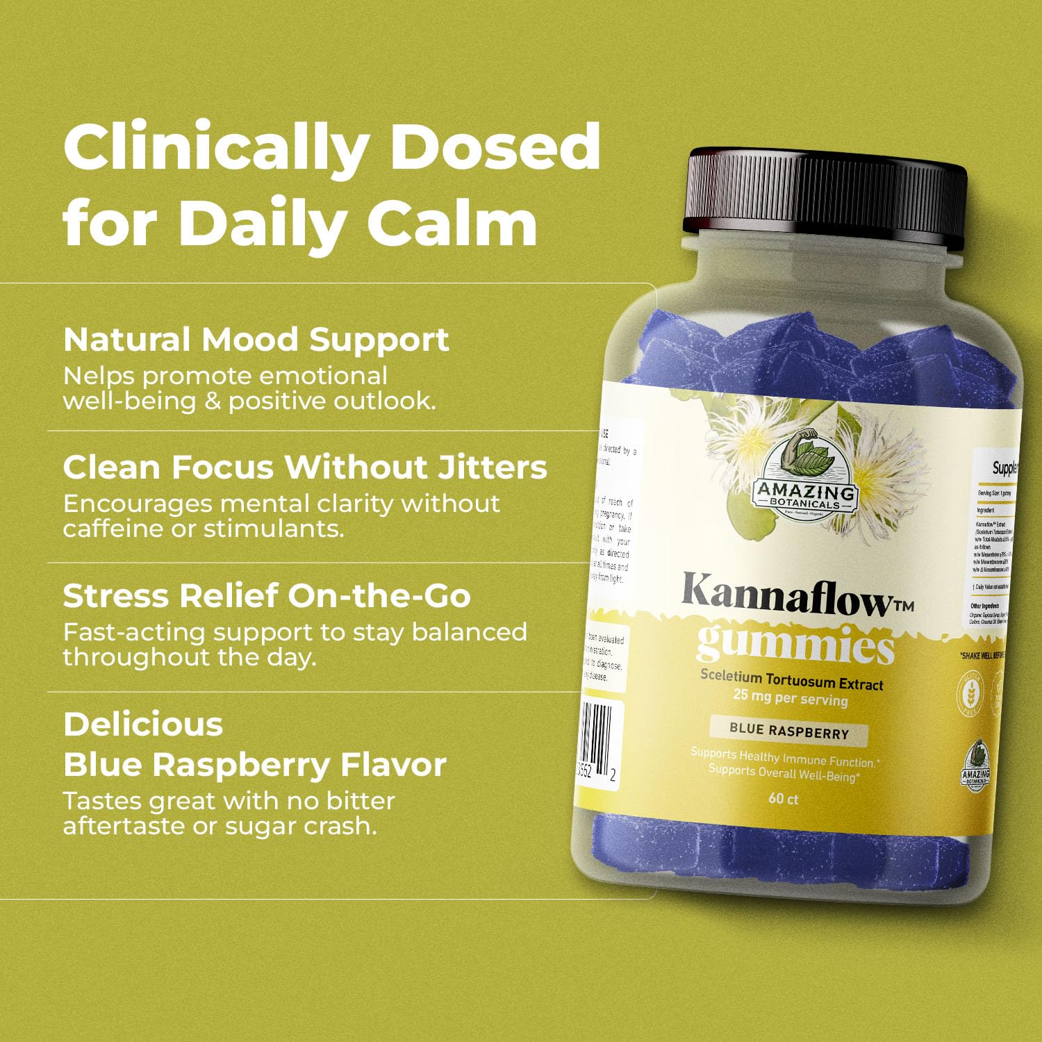 Amazing Botanicals Kannaflow label detail shows 25mg kanna extract per gummy.
