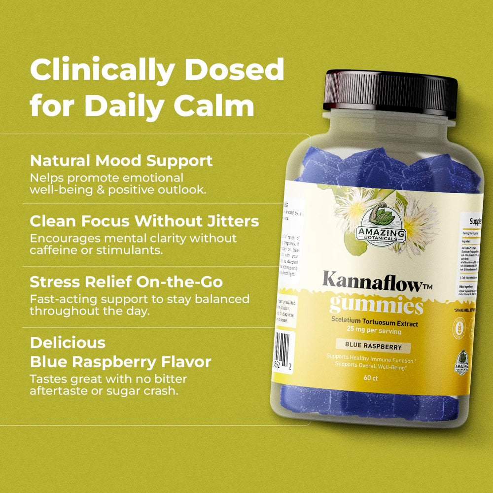 Amazing Botanicals Kannaflow label detail shows 25mg kanna extract per gummy.