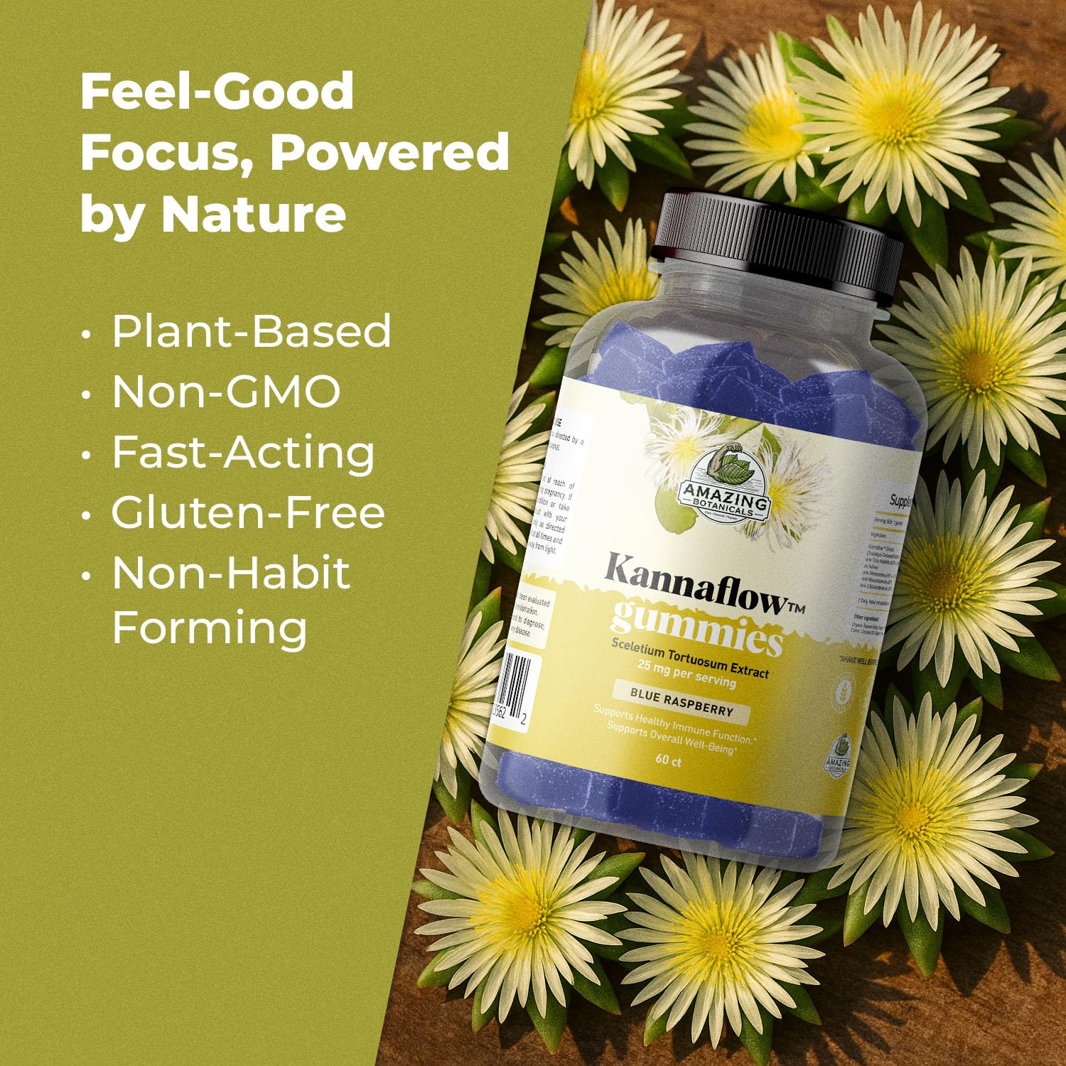 Amazing Botanicals Kannaflow gummy on the tongue highlighting blue raspberry flavor.