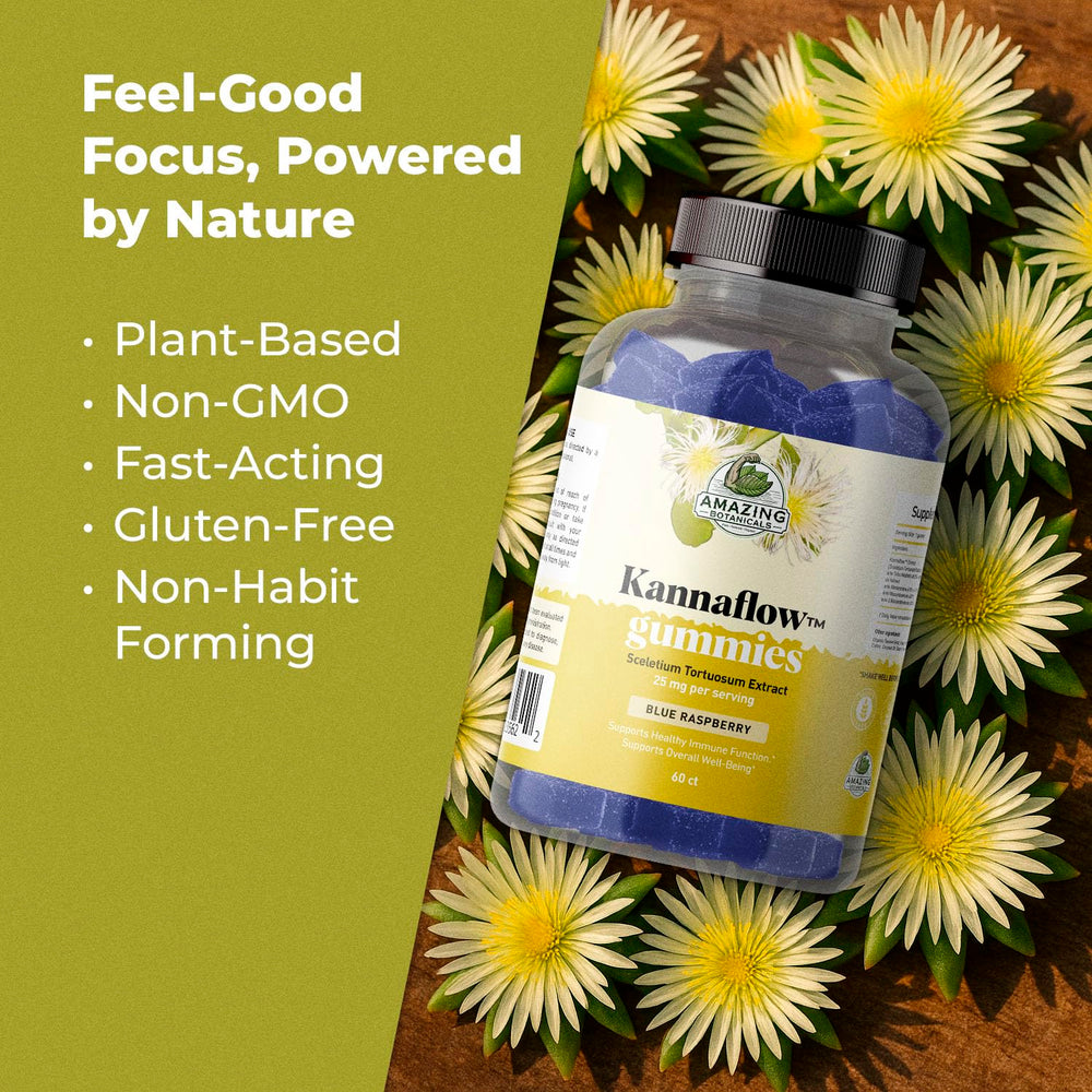 Amazing Botanicals Kannaflow gummy on the tongue highlighting blue raspberry flavor.