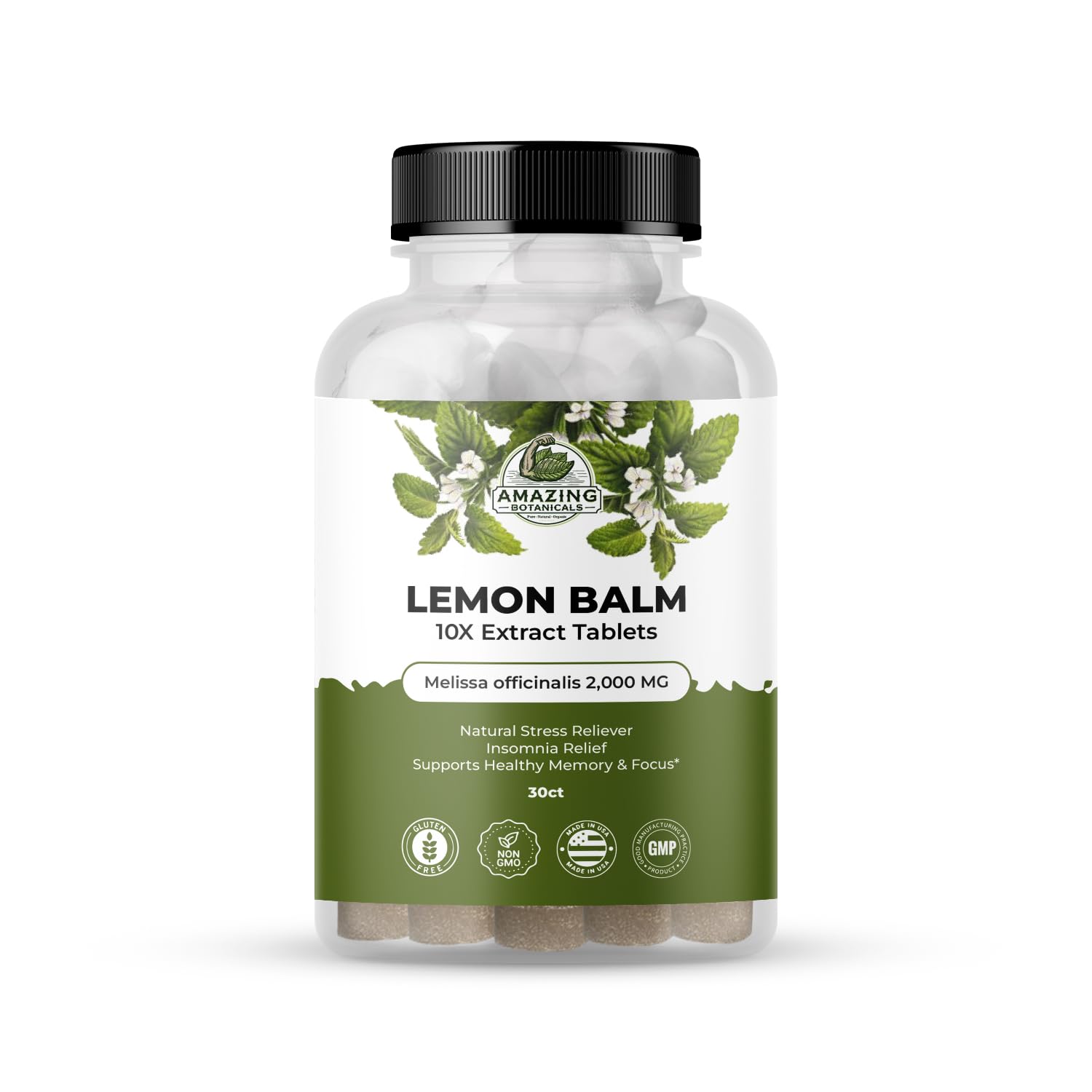 Amazing Botanicals Lemon Balm 10x bottle highlighting potency for calm moments