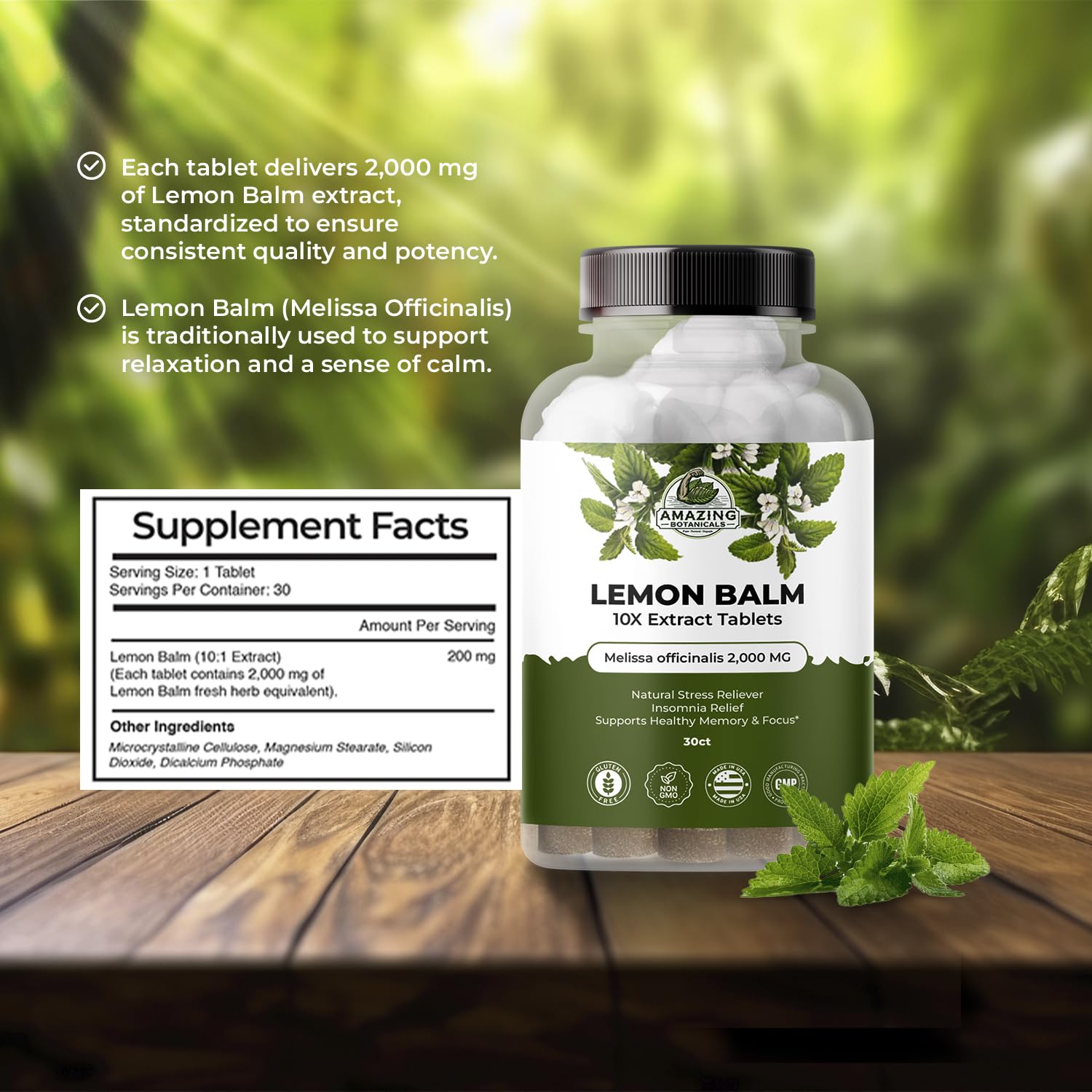 Amazing Botanicals Lemon Balm bottle open with tablets ready to take