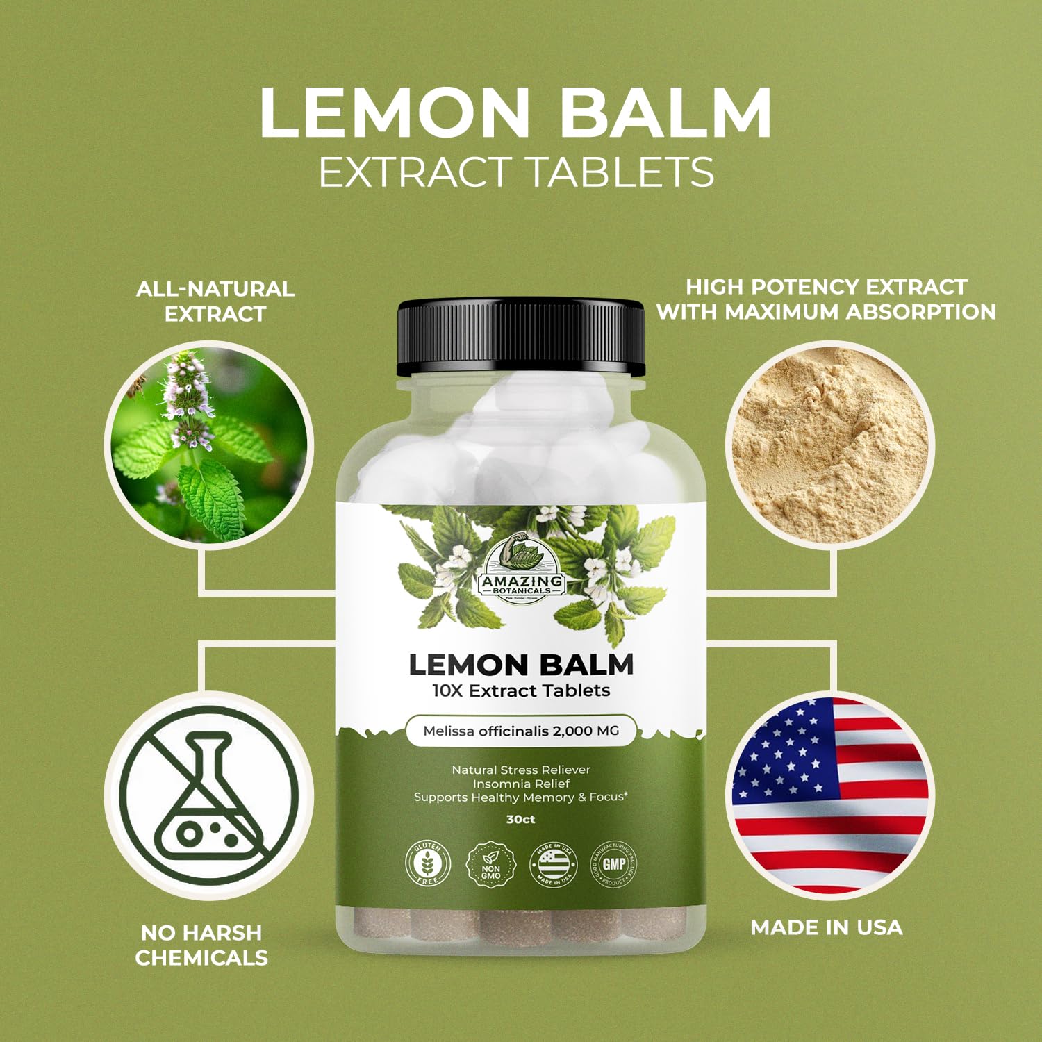 Amazing Botanicals Lemon Balm gluten-free non-GMO formula suitable for diets
