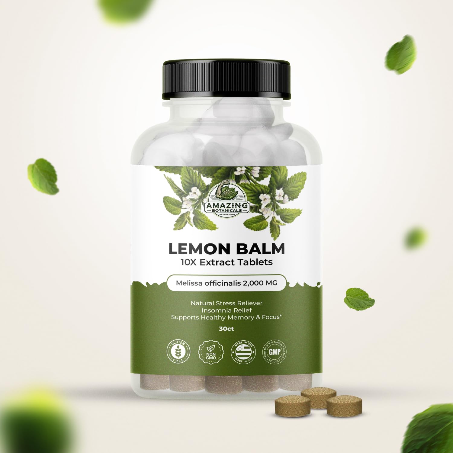 Amazing Botanicals Lemon Balm tablets closeup showing daily relaxation support