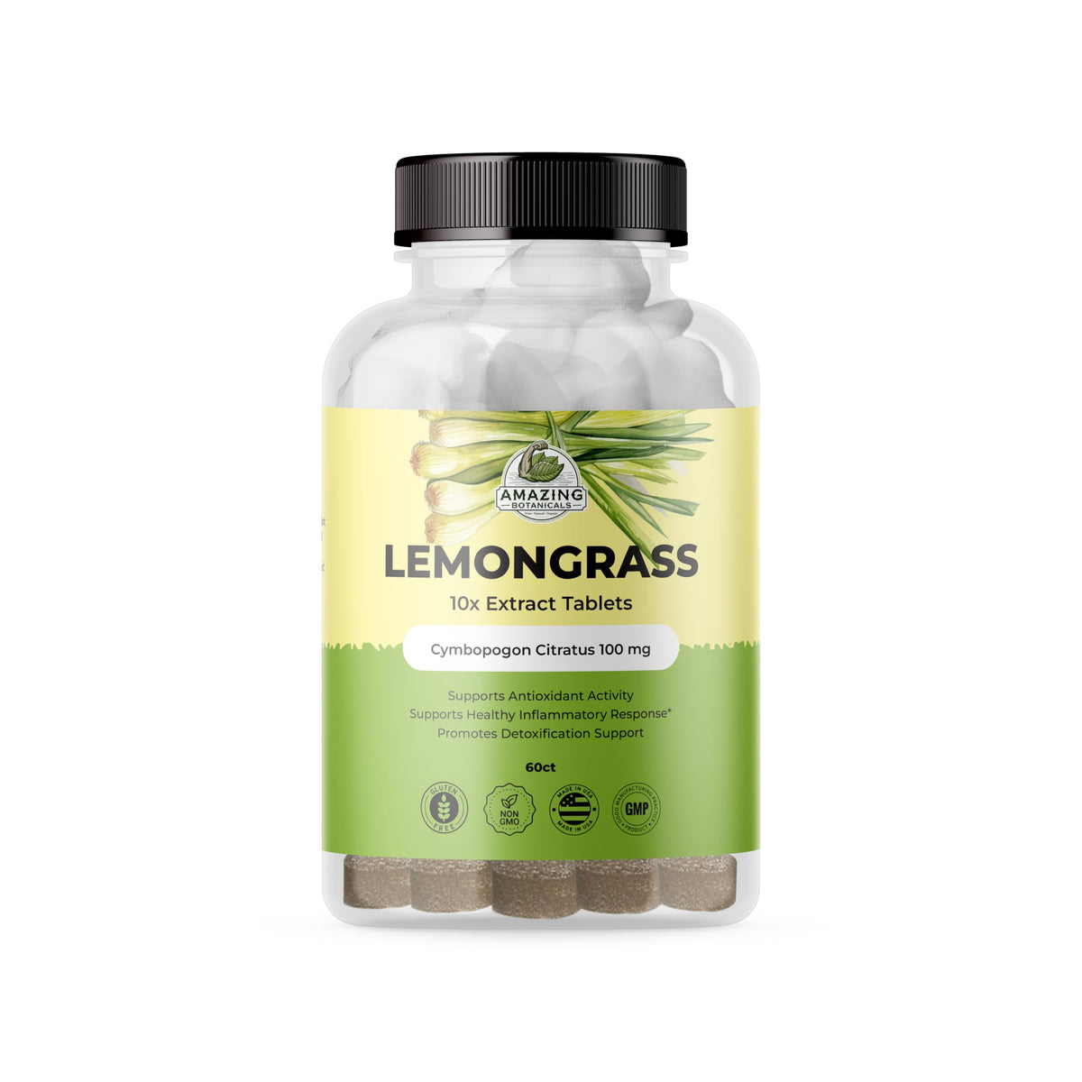 Amazing Botanicals Lemongrass 10X tablets bottle showing high-concentration 1000mg formula.