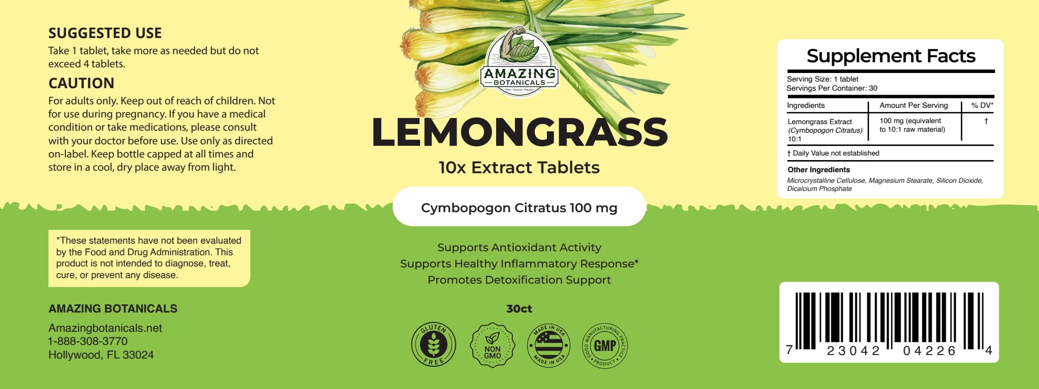 Amazing Botanicals Lemongrass 10X tablets closeup highlighting potent herbal antioxidant potential.