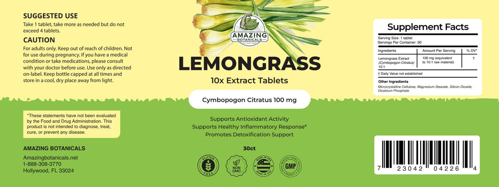 Amazing Botanicals Lemongrass 10X tablets closeup highlighting potent herbal antioxidant potential.