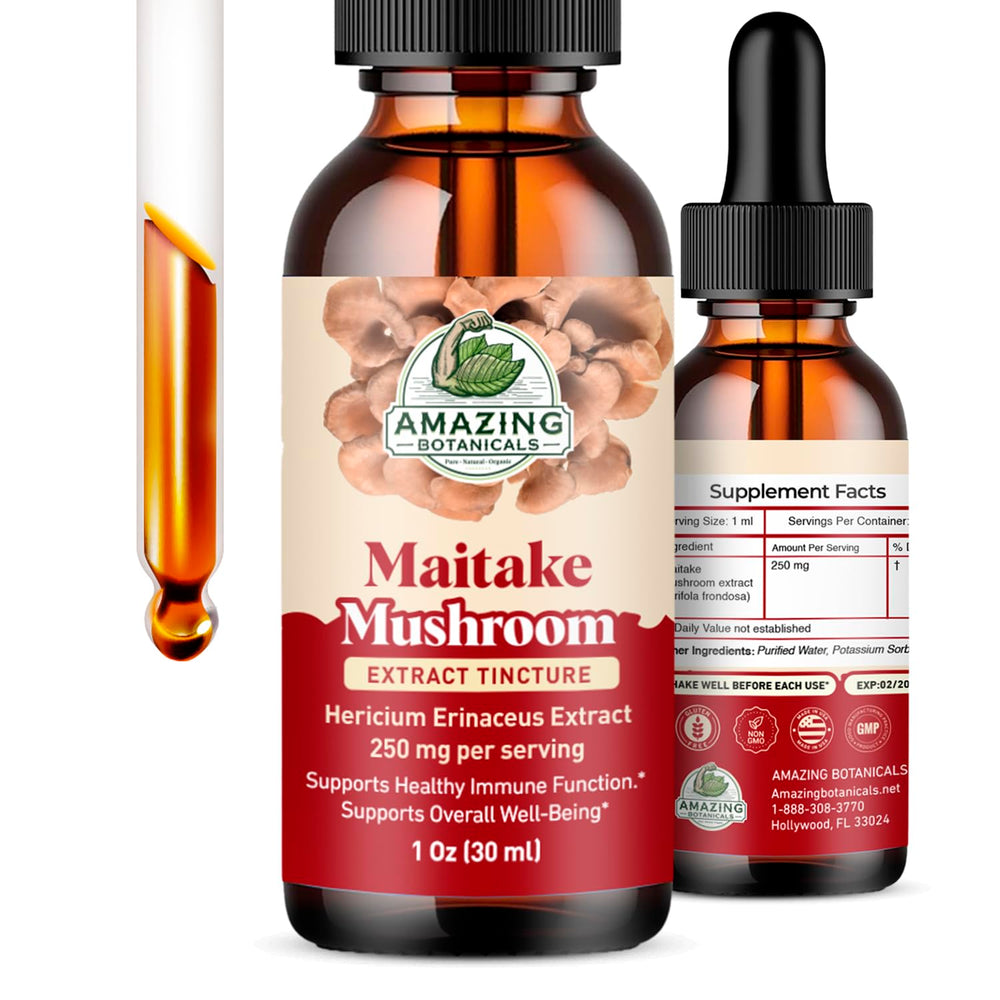 Amazing Botanicals Maitake extract bottle for daily wellness routine.