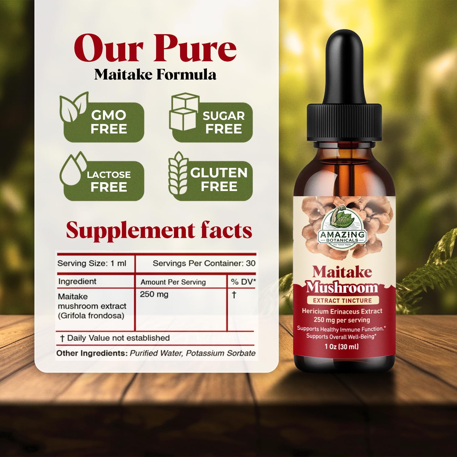 Dropper of Amazing Botanicals Maitake extract enables precise dosing.