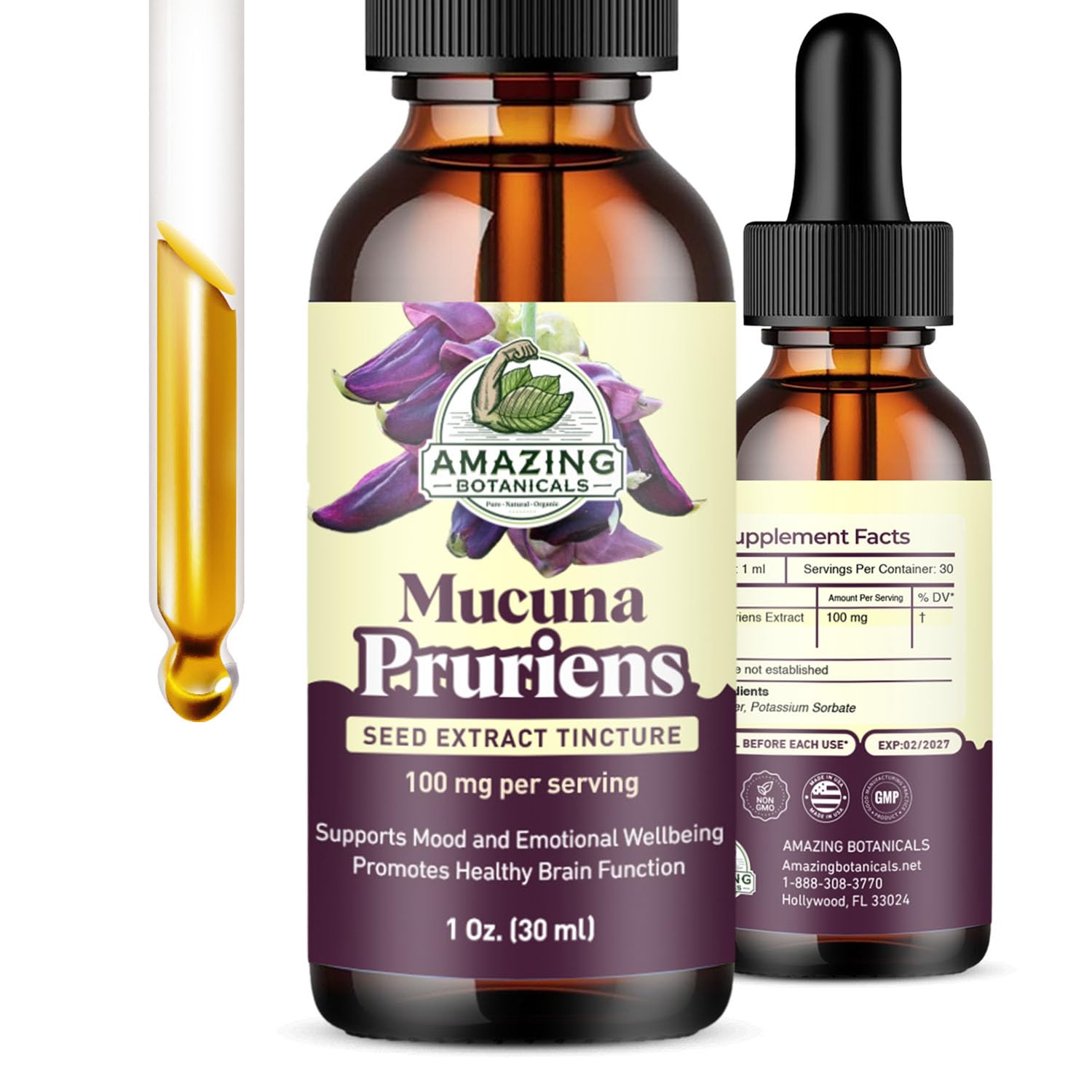 Amazing Botanicals Mucuna bottle front: clean, alcohol-free herbal tincture for daily wellness