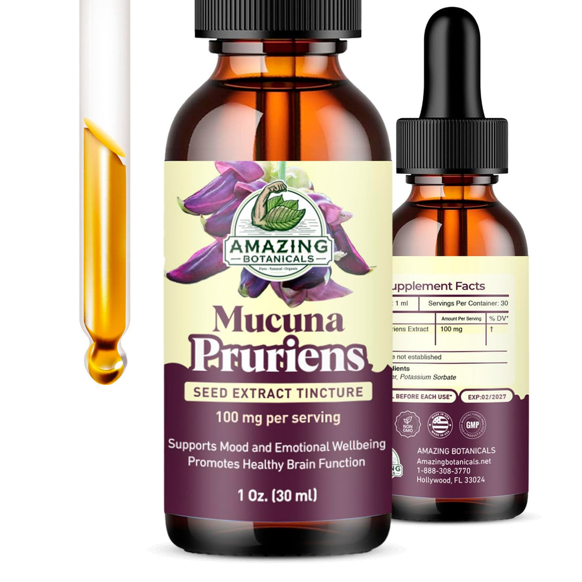 Amazing Botanicals Mucuna bottle front: clean, alcohol-free herbal tincture for daily wellness