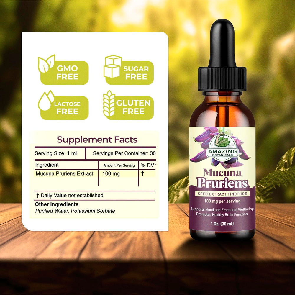 Amazing Botanicals Mucuna drops pour: easy dosing for daily wellness