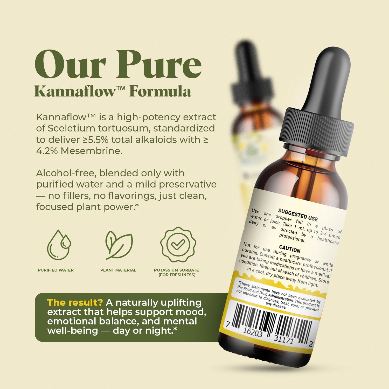 Label close-up emphasizing 80% mesembrine potency and 5.5% alkaloids.