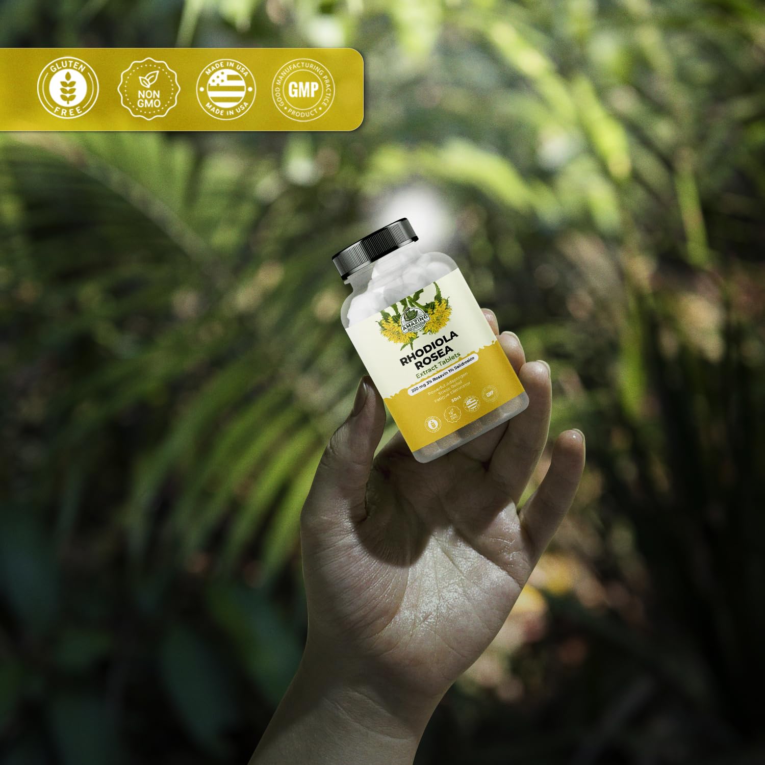 Amazing Botanicals Rhodiola Rosea hands holding bottle for travel-friendly use
