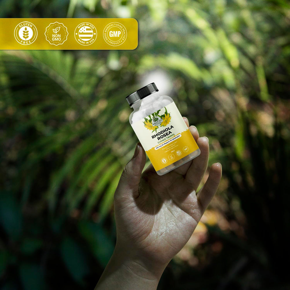 Amazing Botanicals Rhodiola Rosea hands holding bottle for travel-friendly use