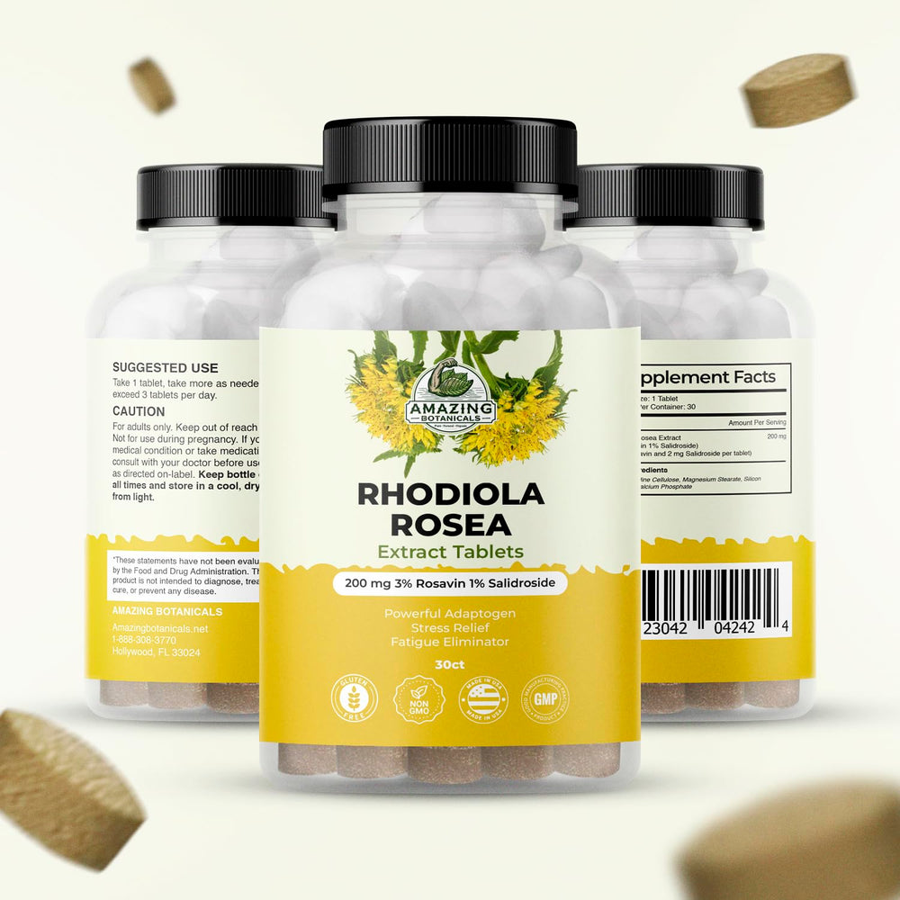 Amazing Botanicals Rhodiola Rosea label detail shows Rosavin and Salidroside content
