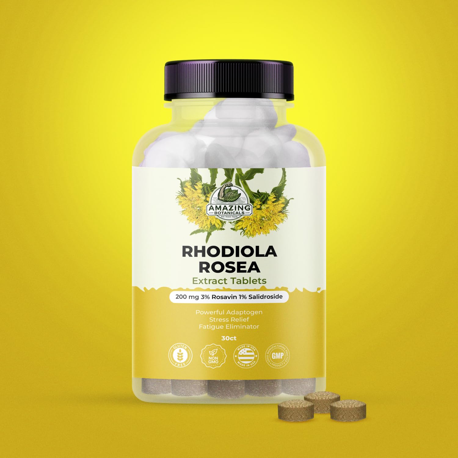 Amazing Botanicals Rhodiola Rosea tablets closeup highlights potency and purity