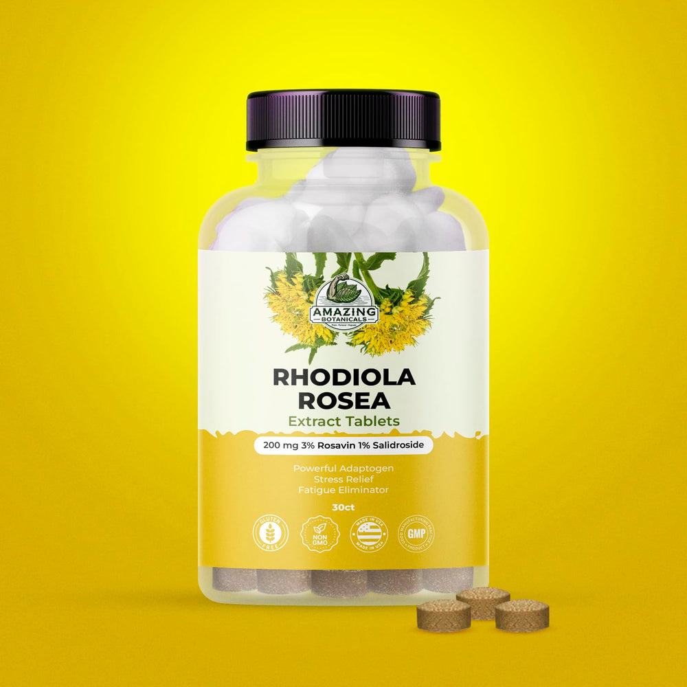 Amazing Botanicals Rhodiola Rosea tablets closeup highlights potency and purity