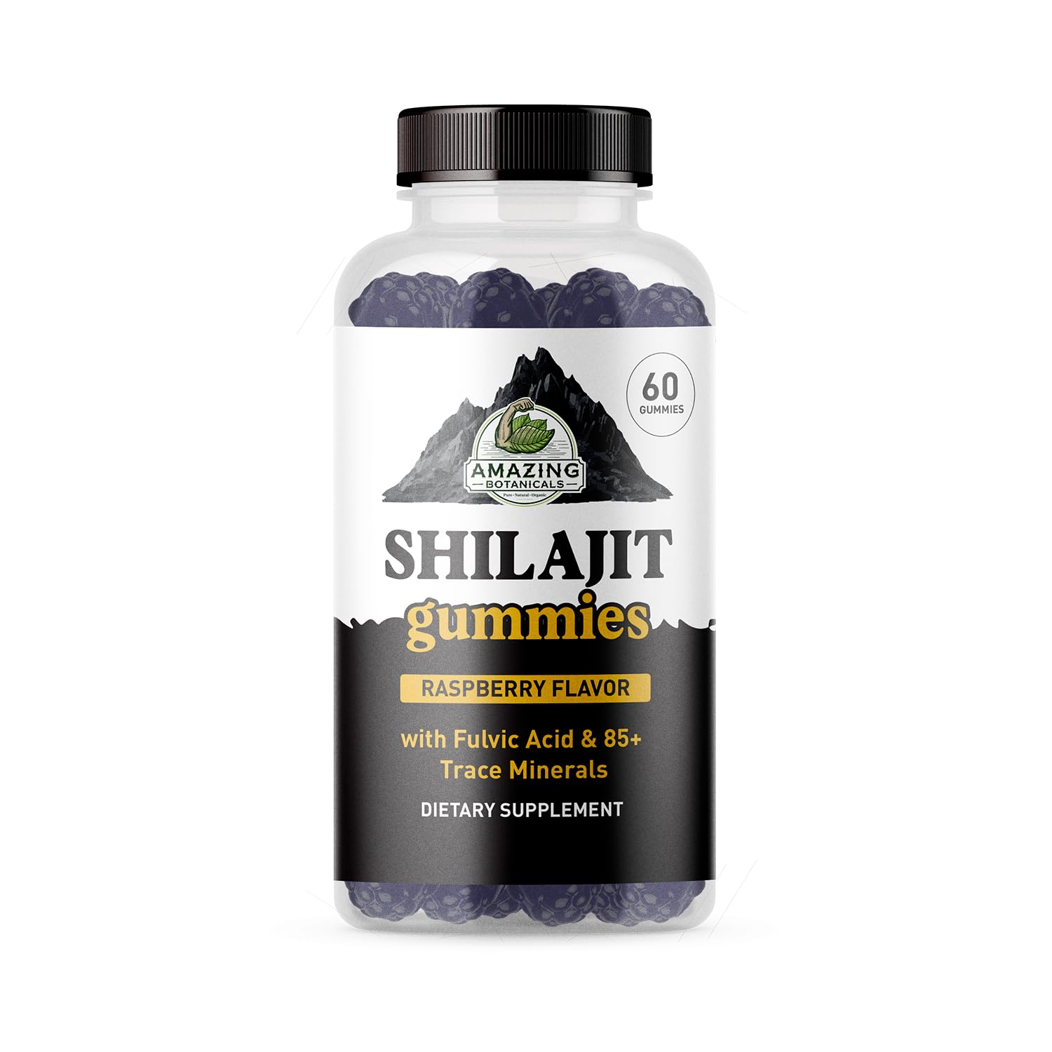 Amazing Botanicals Shilajit Gummies bottle front shows raspberry flavor and 1,000 mg per serving