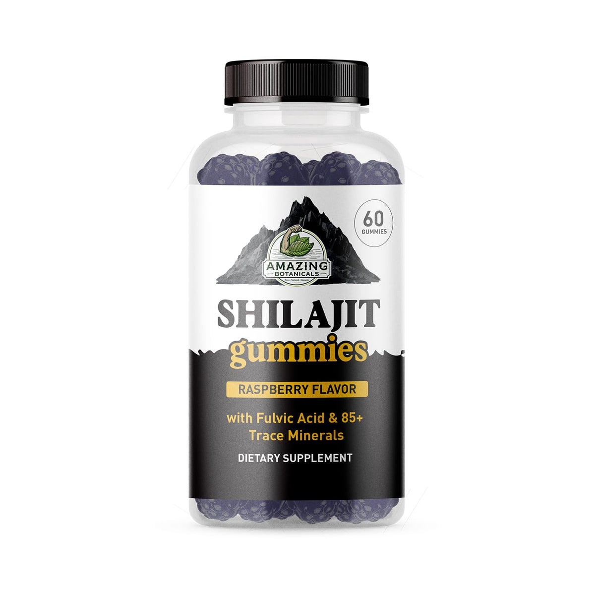 Amazing Botanicals Shilajit Gummies bottle front shows raspberry flavor and 1,000 mg per serving