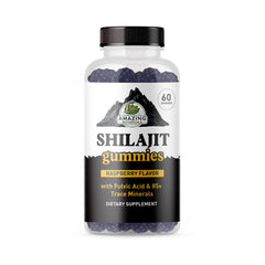 Amazing Botanicals Shilajit Gummies bottle front shows raspberry flavor and 1,000 mg per serving