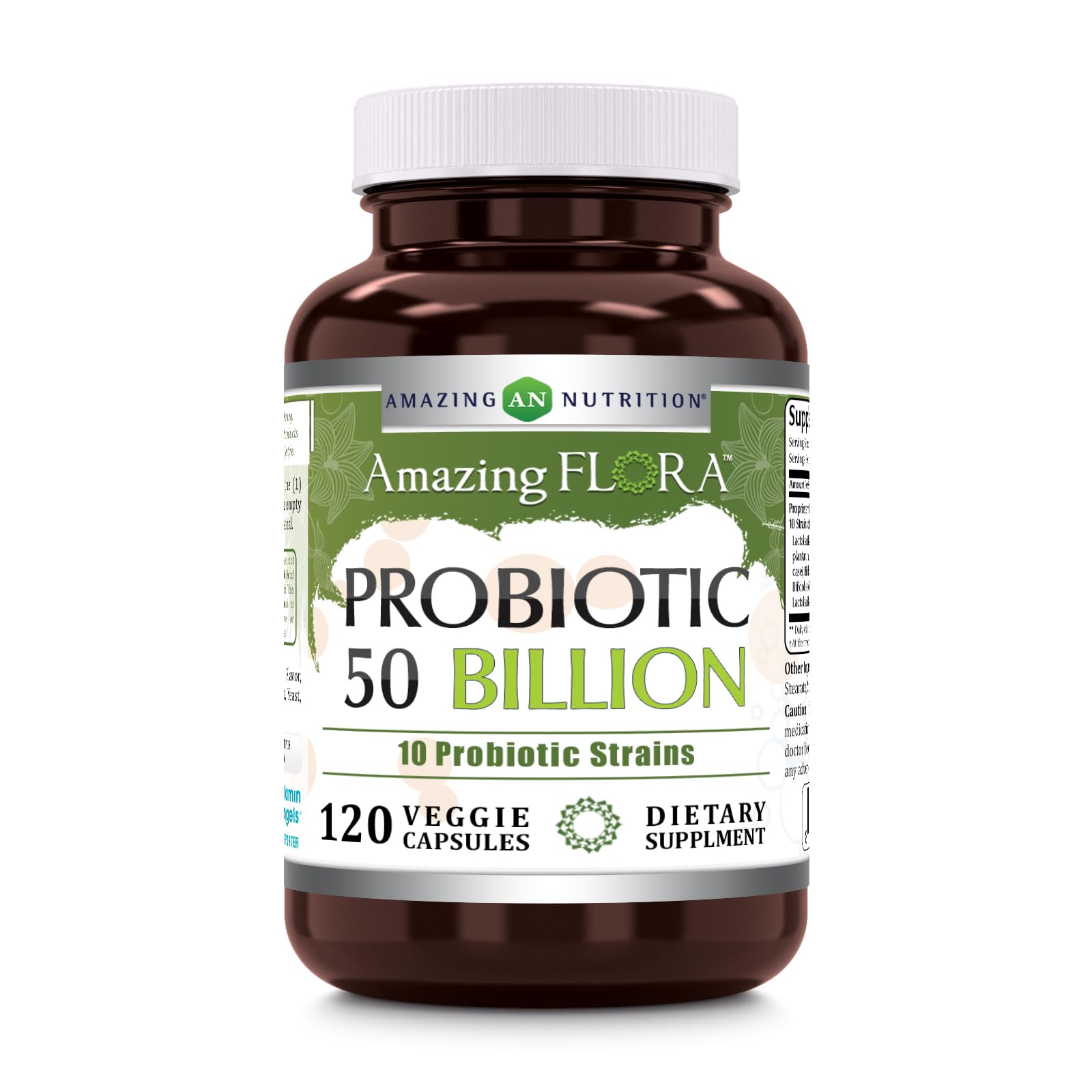 Amazing Flora probiotic bottle showing 50-billion formula for daily balance.