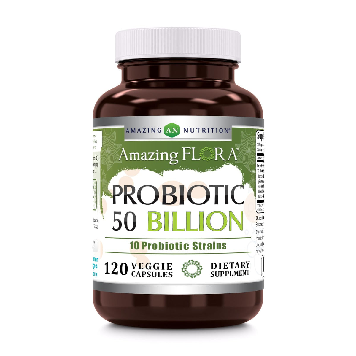 Amazing Flora probiotic bottle showing 50-billion formula for daily balance.