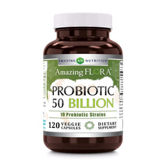Amazing Flora probiotic bottle showing 50-billion formula for daily balance.