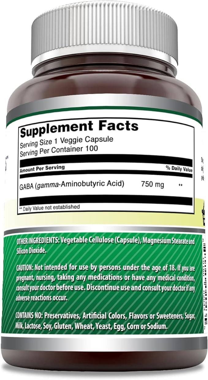 Close-up of Amazing Formulas GABA capsules highlighting vegan, non-GMO formula
