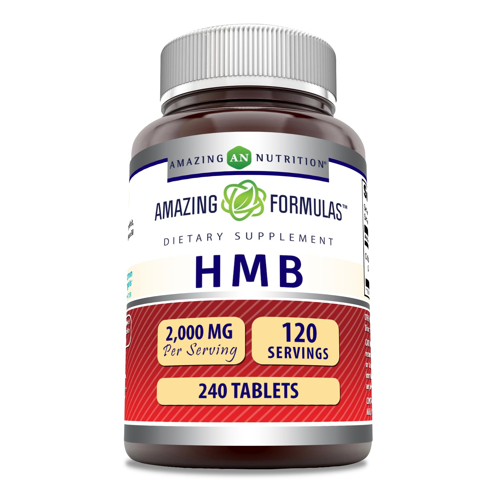 Amazing Formulas HMB 2000mg tablets bottle highlighting potency and purity.