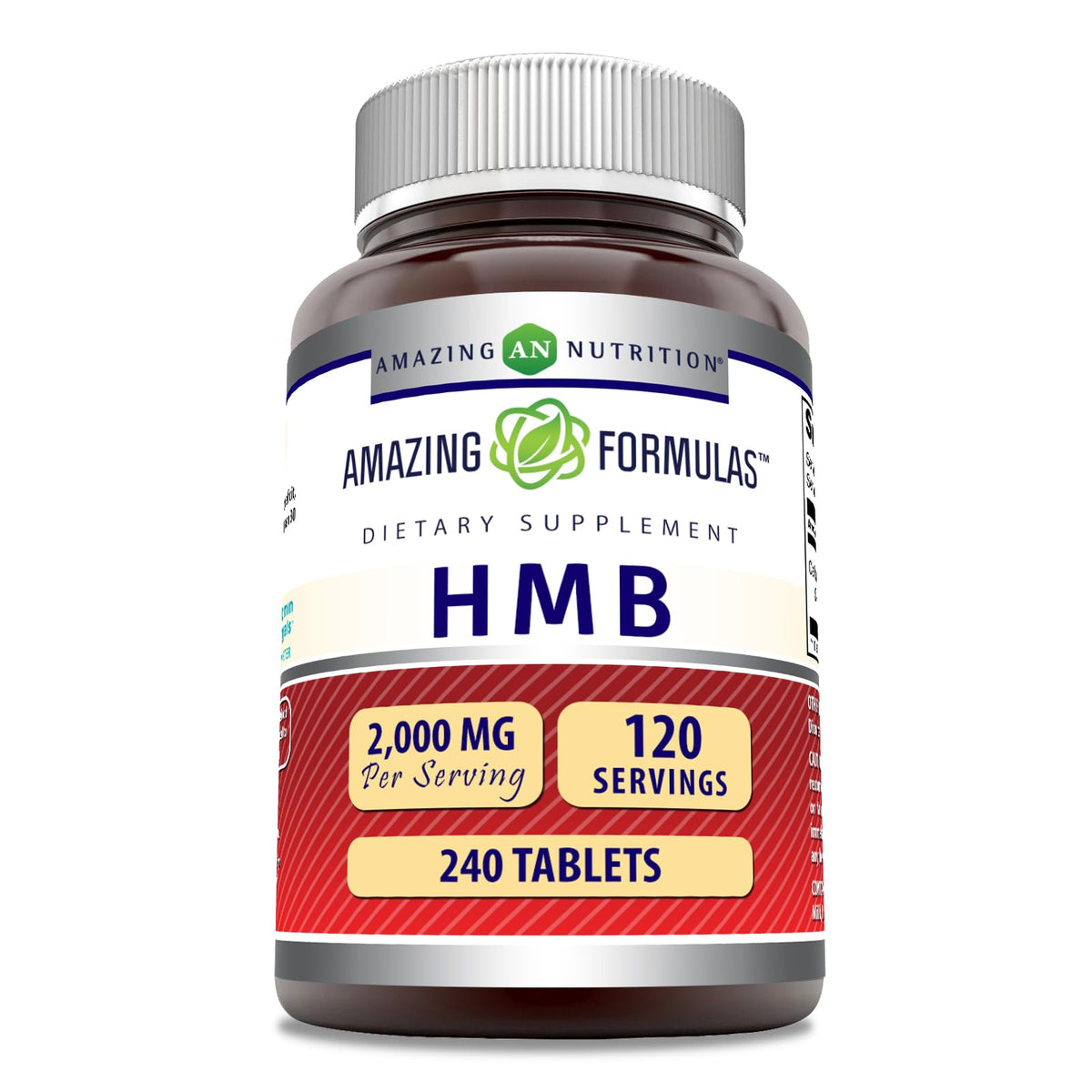 Amazing Formulas HMB 2000mg tablets bottle highlighting potency and purity.