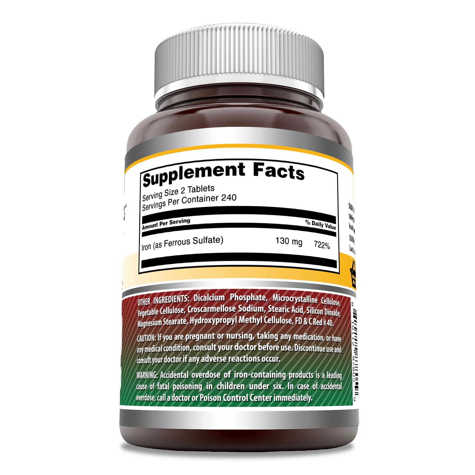 Amazing Formulas Iron 65 mg tablet label showing non-GMO and gluten-free assurance