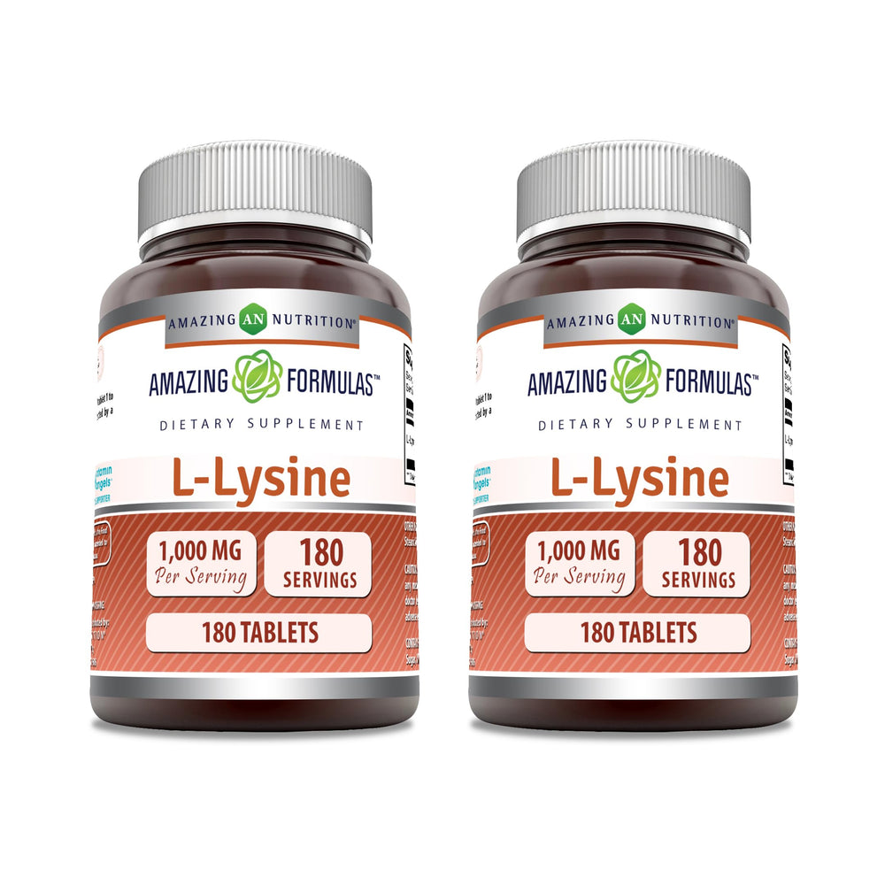 Amazing Formulas L-Lysine 1000mg tablets, gluten-free and non-GMO, ideal for daily use.