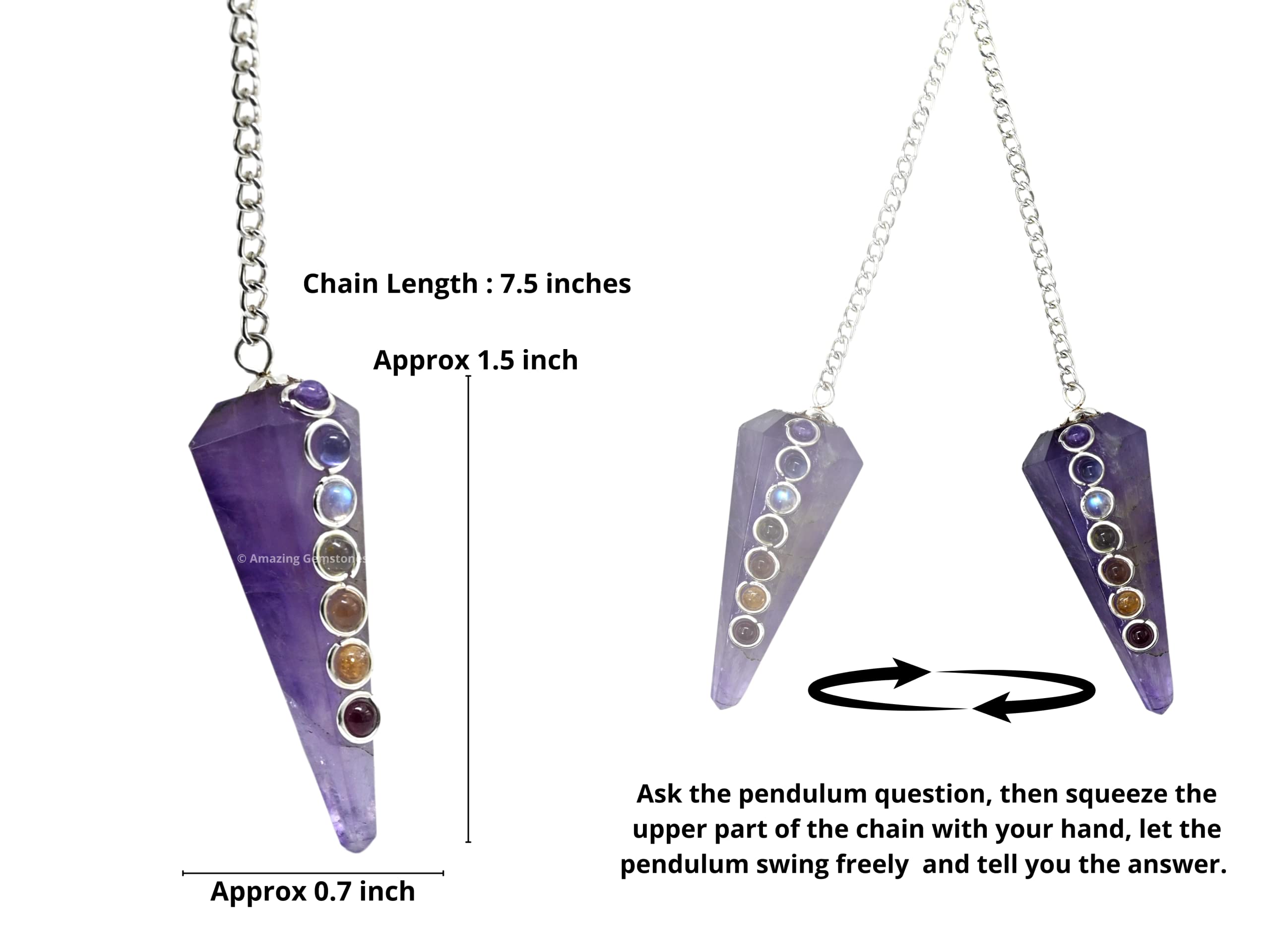 Amazing Gemstone amethyst pendulum shown with a 7 inch chain for comfortable handling