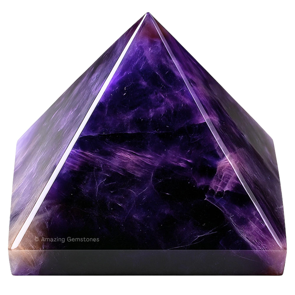 Amazing Gemstone amethyst pyramid closeup, showcasing rich purple hues and facets.