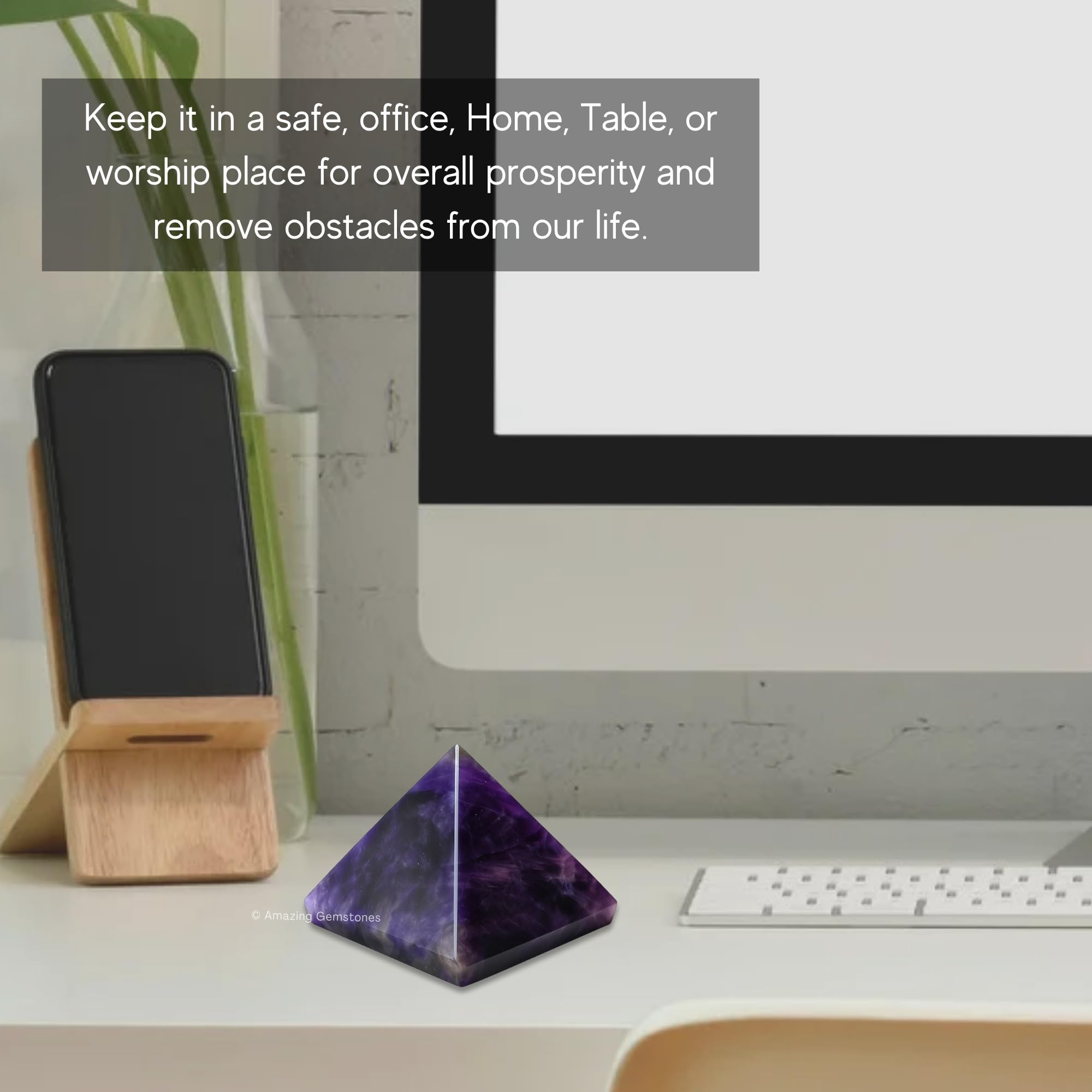 Amazing Gemstone amethyst pyramid on altar, enhancing tranquil ambiance and reflection.