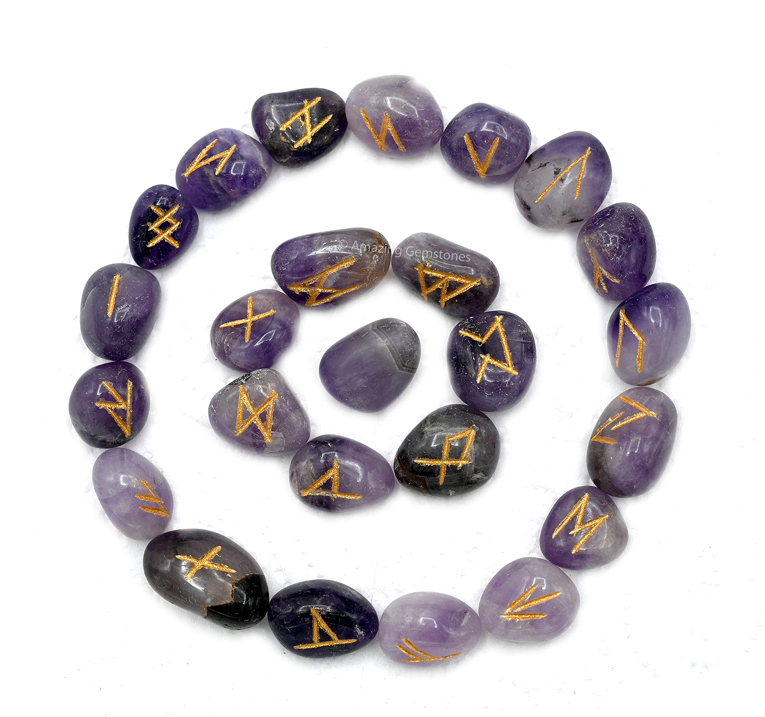 Amazing Gemstone amethyst runes set with 25 engraved stones for intuitive divination