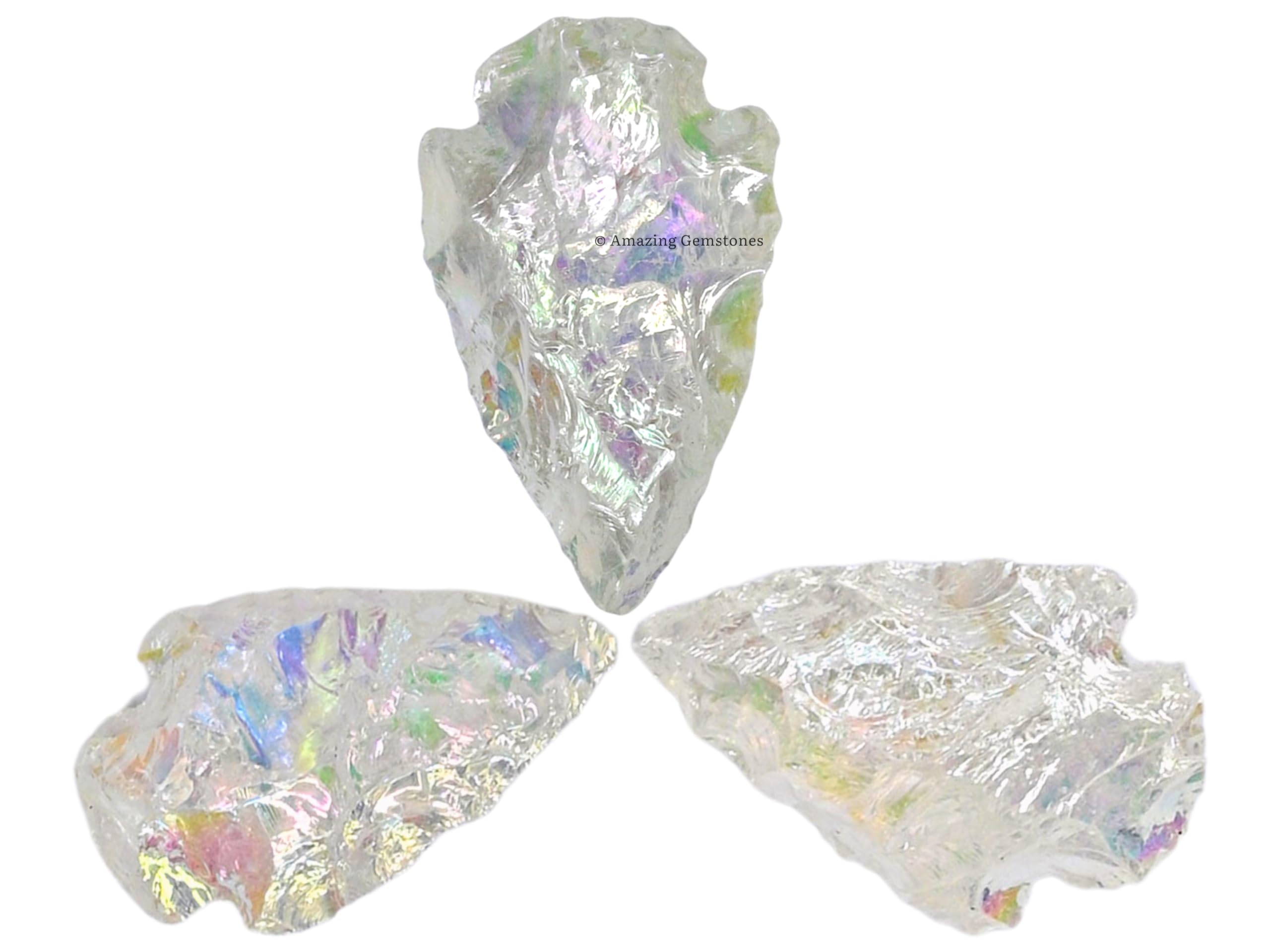 Amazing Gemstone Angel Aura Quartz Arrowhead close-up highlights natural iridescent surface for crafts