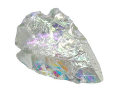 Macro view of Amazing Gemstone Angel Aura Quartz Arrowhead showing iridescent glow