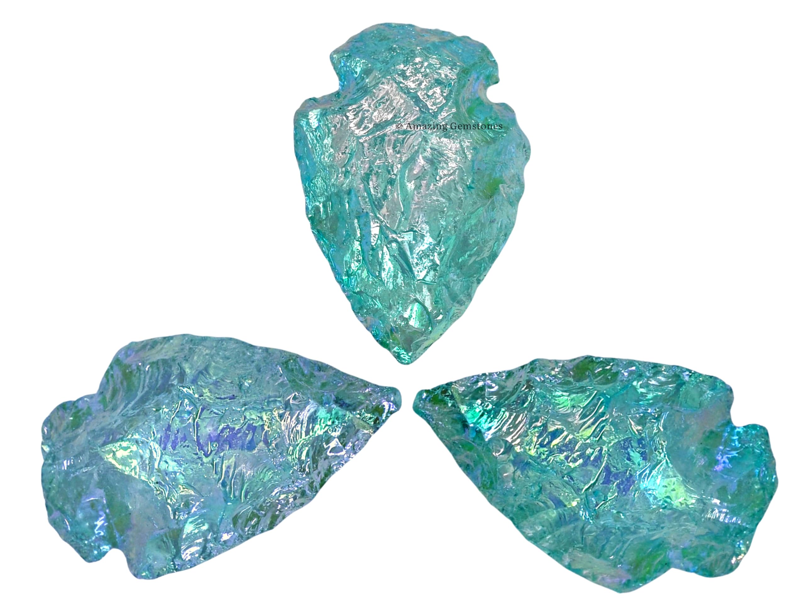 Amazing Gemstone Aqua Aura Quartz arrowhead close-up shows iridescent glow for crafts.