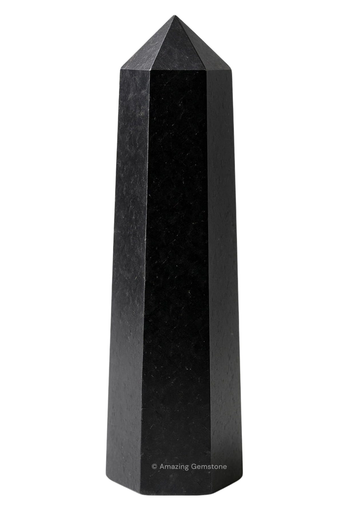 Amazing Gemstone Black Tourmaline Tower front view for energy purification and focus.