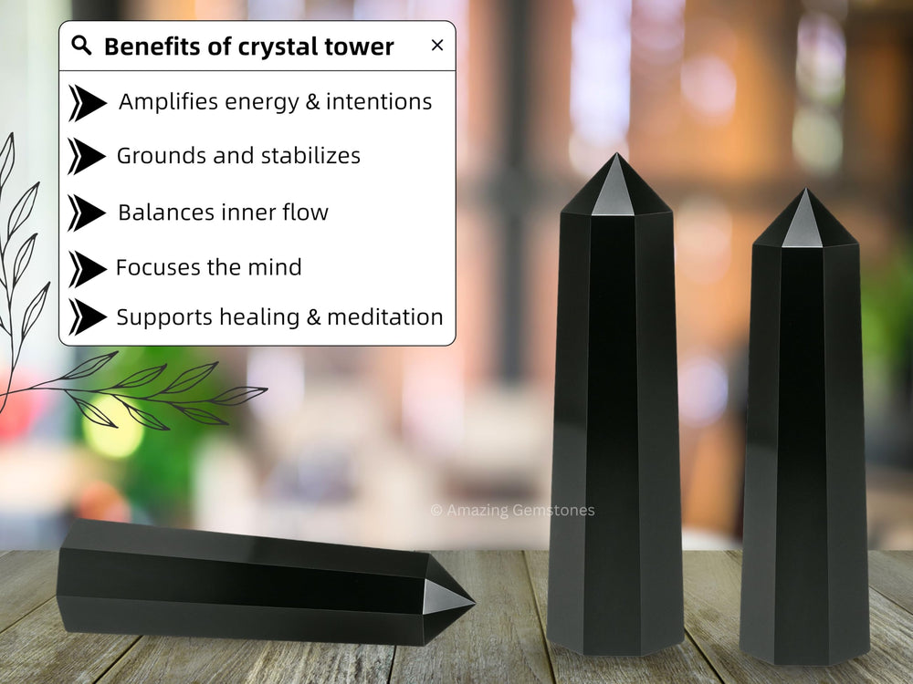Amazing Gemstone Black Tourmaline Tower set up for Reiki or energy work.