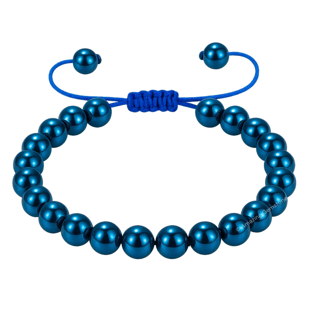 Amazing Gemstone Blue Hematite bracelet close-up beads emphasize grounding energy.