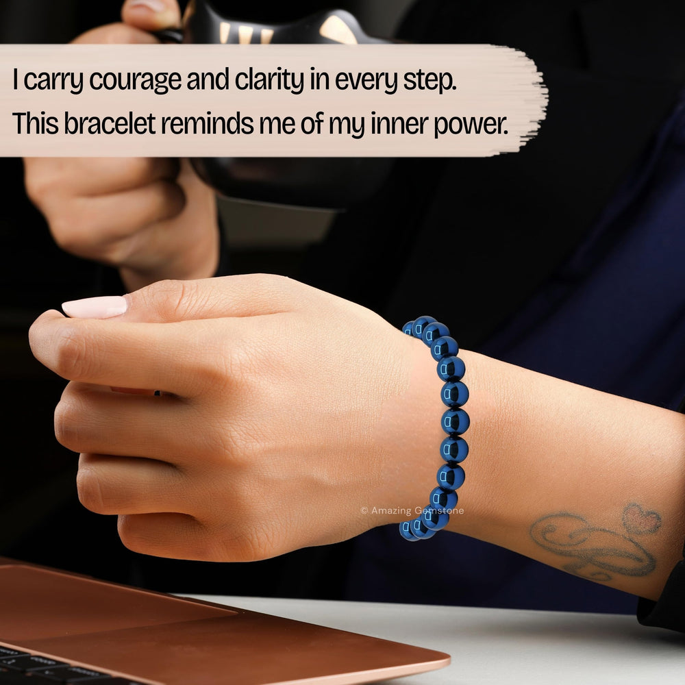 Amazing Gemstone Blue Hematite bracelet stone details highlight natural authenticity.
