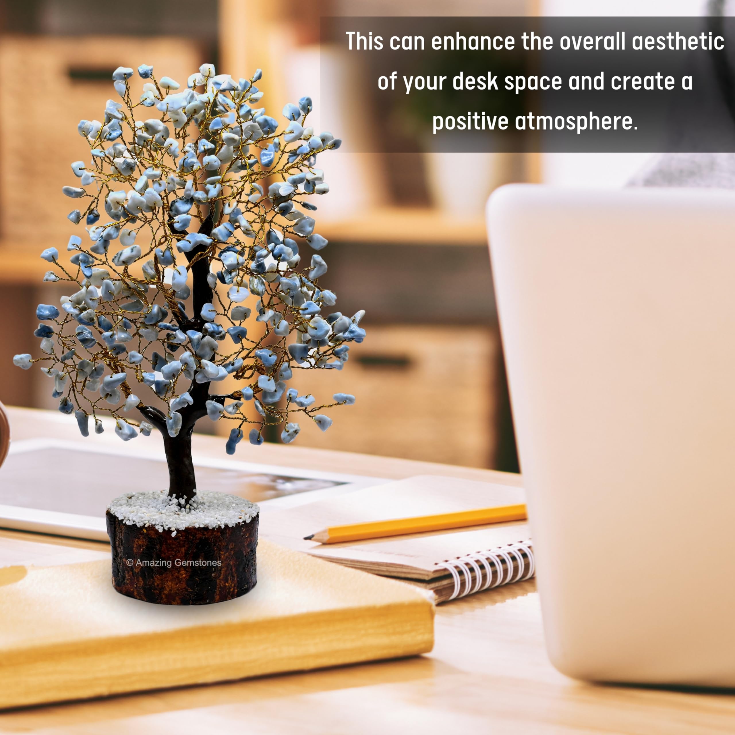 Amazing Gemstone Blue Opal Crystal Tree of Life decorates a bookshelf with peaceful energy.