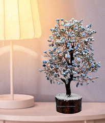 Amazing Gemstone Blue Opal Crystal Tree of Life close-up highlights intricate crystal facets.
